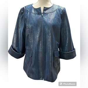 Susan Graver Style Faux Snakeskin Embossed Full Zip Shimmer Blue/Black Jacket XS